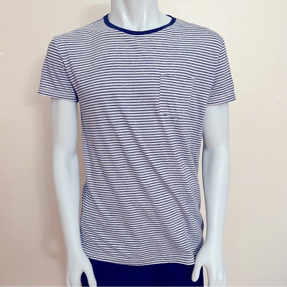 American Eagle Mens Premium Indigo Horizontal Striped Classic Fit Pocket T-shirt